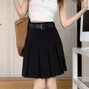 High-Waisted Gray Pleated Midi Skirt for Women, Plus Size, Korean Style College Fashion, Japanese Design Workwear Skirt