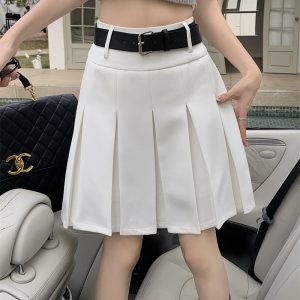 High-Waisted Gray Pleated Midi Skirt for Women, Plus Size, Korean Style College Fashion, Japanese Design Workwear Skirt