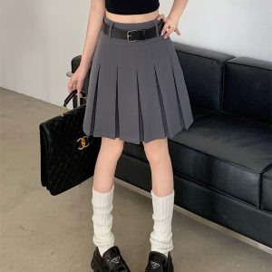 High-Waisted Gray Pleated Midi Skirt for Women, Plus Size, Korean Style College Fashion, Japanese Design Workwear Skirt