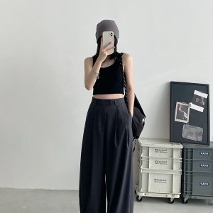 High-Waisted Gray Wide-Leg Suit Pants for Women - Casual Summer Loose Fit Floor-Length Trousers