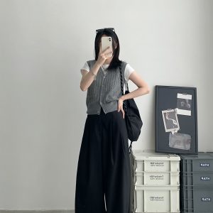 High-Waisted Gray Wide-Leg Suit Pants for Women - Casual Summer Loose Fit Floor-Length Trousers