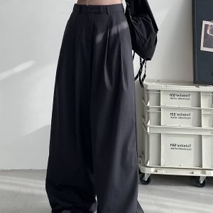 High-Waisted Gray Wide-Leg Suit Pants for Women - Casual Summer Loose Fit Floor-Length Trousers