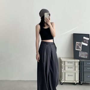 High-Waisted Gray Wide-Leg Suit Pants for Women - Casual Summer Loose Fit Floor-Length Trousers