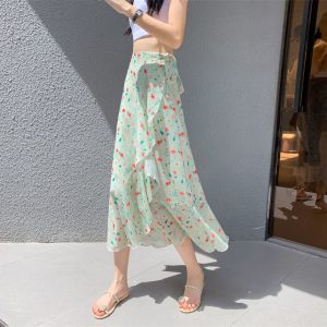 High-Waisted Irregular Floral Chiffon Skirt and Fishtail Long Dress for Travel, Beach, and Sun Protection