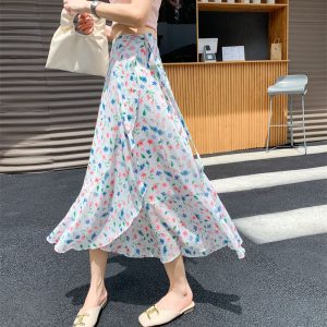 High-Waisted Irregular Floral Chiffon Skirt and Fishtail Long Dress for Travel, Beach, and Sun Protection