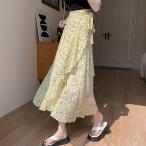High-Waisted Irregular Floral Chiffon Skirt and Fishtail Long Dress for Travel, Beach, and Sun Protection