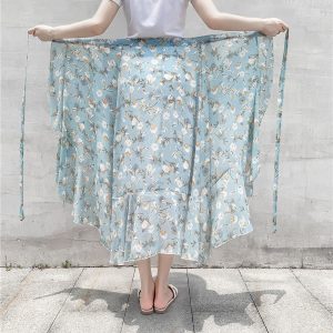 High-Waisted Irregular Floral Chiffon Skirt and Fishtail Long Dress for Travel, Beach, and Sun Protection