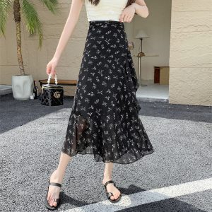 High-Waisted Irregular Floral Chiffon Skirt and Fishtail Long Dress for Travel, Beach, and Sun Protection