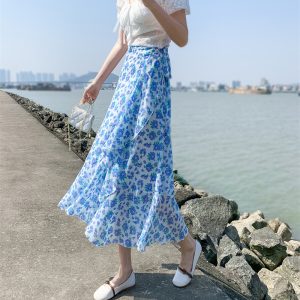 High-Waisted Irregular Floral Chiffon Skirt and Fishtail Long Dress for Travel, Beach, and Sun Protection