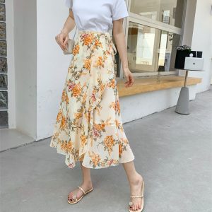High-Waisted Irregular Floral Chiffon Skirt and Fishtail Long Dress for Travel, Beach, and Sun Protection