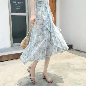 High-Waisted Irregular Floral Chiffon Skirt and Fishtail Long Dress for Travel, Beach, and Sun Protection