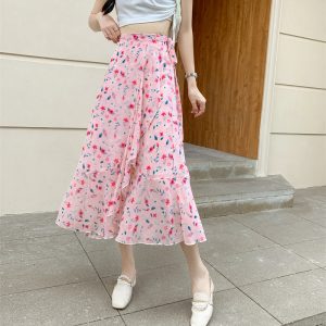 High-Waisted Irregular Floral Chiffon Skirt and Fishtail Long Dress for Travel, Beach, and Sun Protection