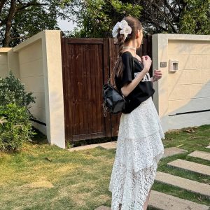 High-Waisted Irregular Lace Half Skirt for Women - 2025 Spring Summer White Mid-Length Cake Skirt, Lightweight Fashion Essential