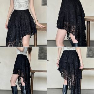 High-Waisted Irregular Lace Half Skirt for Women - Light Fabric Black Cake Skirt, 2025 Spring/Summer Mid-Length Fashion