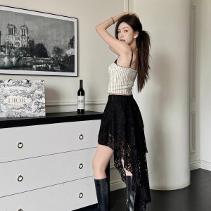 High-Waisted Irregular Lace Half Skirt for Women - Light Fabric Black Cake Skirt, 2025 Spring/Summer Mid-Length Fashion