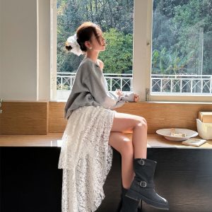 High-Waisted Irregular Lace Half Skirt for Women - Light Fabric Black Cake Skirt, 2025 Spring/Summer Mid-Length Fashion