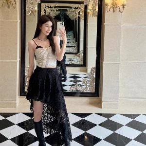 High-Waisted Irregular Lace Half Skirt for Women - Light Fabric Black Cake Skirt, 2025 Spring/Summer Mid-Length Fashion