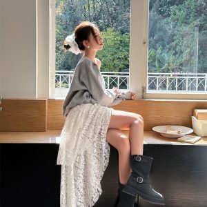 High-Waisted Irregular Lace Half Skirt for Women - Light Fabric Black Cake Skirt, 2025 Spring/Summer Mid-Length Fashion
