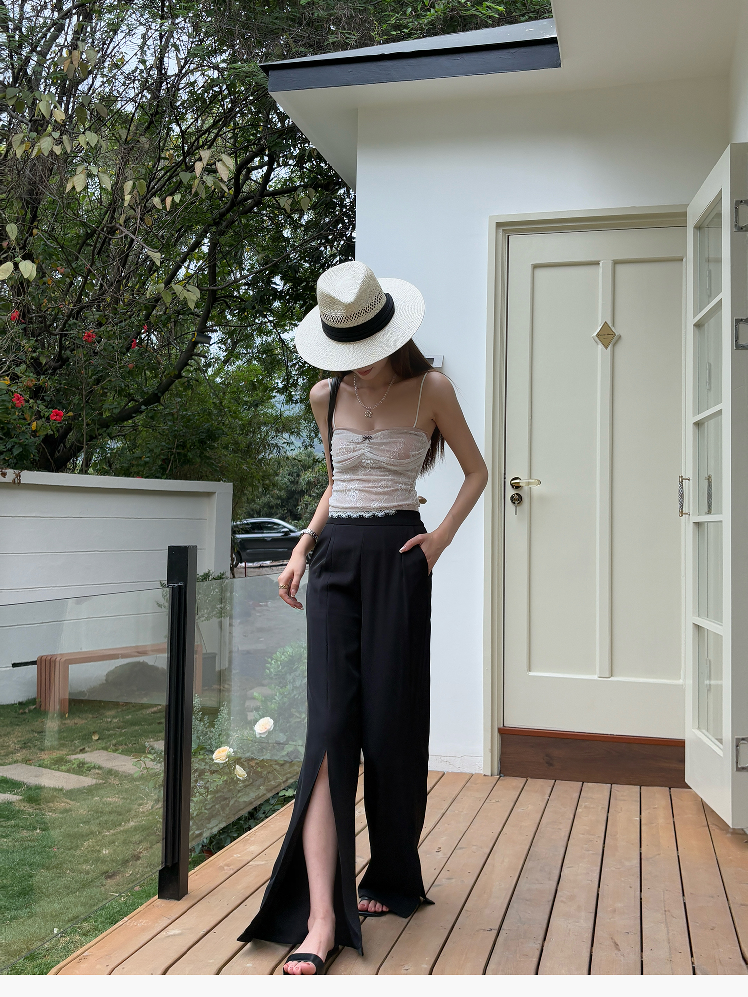 High-Waisted Irregular Side-Slit Wide-Leg Pants for Tall Individuals - Lightweight Draped Floor-Length Style for Spring and Summer High-Waisted Irregular Side-Slit Wide-Leg Pants for Tall Individuals - Lightweight Draped Floor-Length Style for Spring and Summer