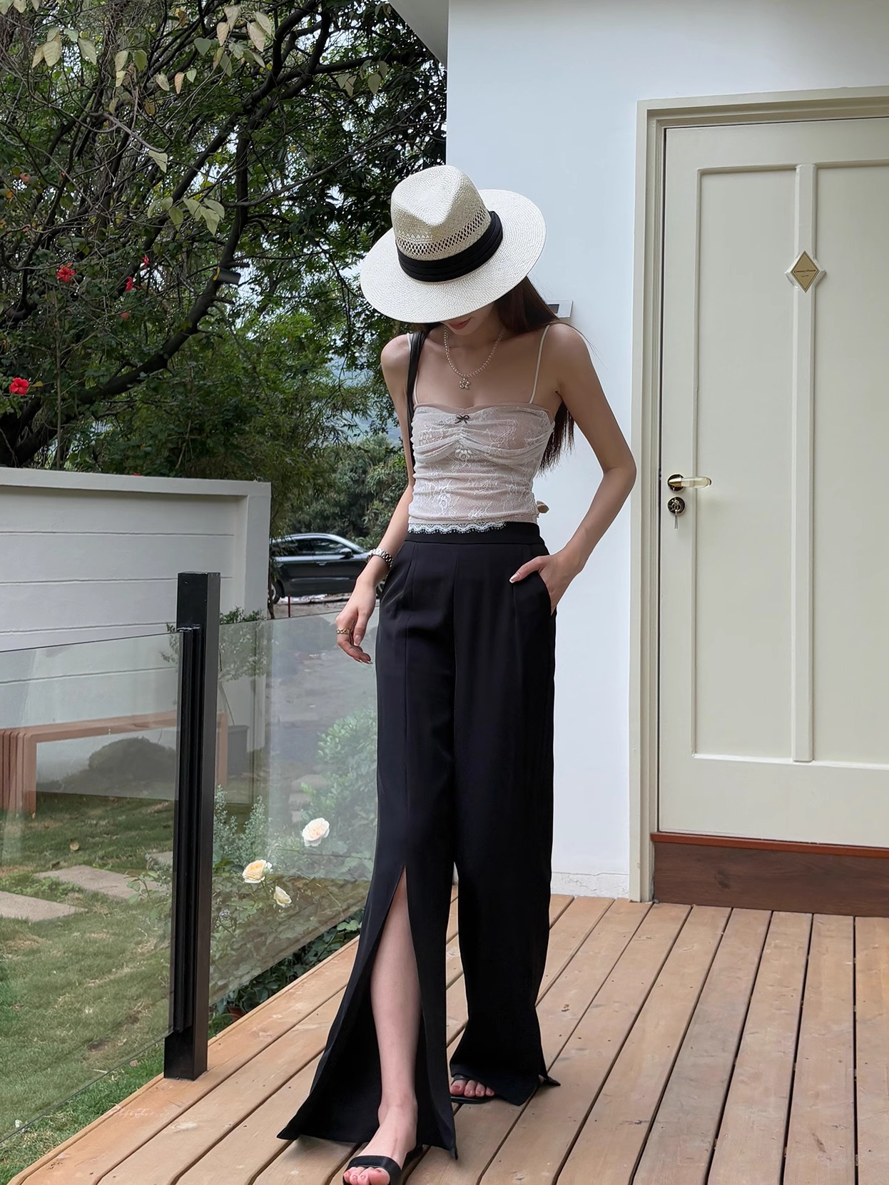 High-Waisted Irregular Side-Slit Wide-Leg Pants for Tall Individuals - Lightweight Draped Floor-Length Style for Spring and Summer High-Waisted Irregular Side-Slit Wide-Leg Pants for Tall Individuals - Lightweight Draped Floor-Length Style for Spring and Summer