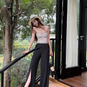 High-Waisted Irregular Side-Slit Wide-Leg Pants for Tall Individuals - Lightweight Draped Floor-Length Style for Spring and Summer