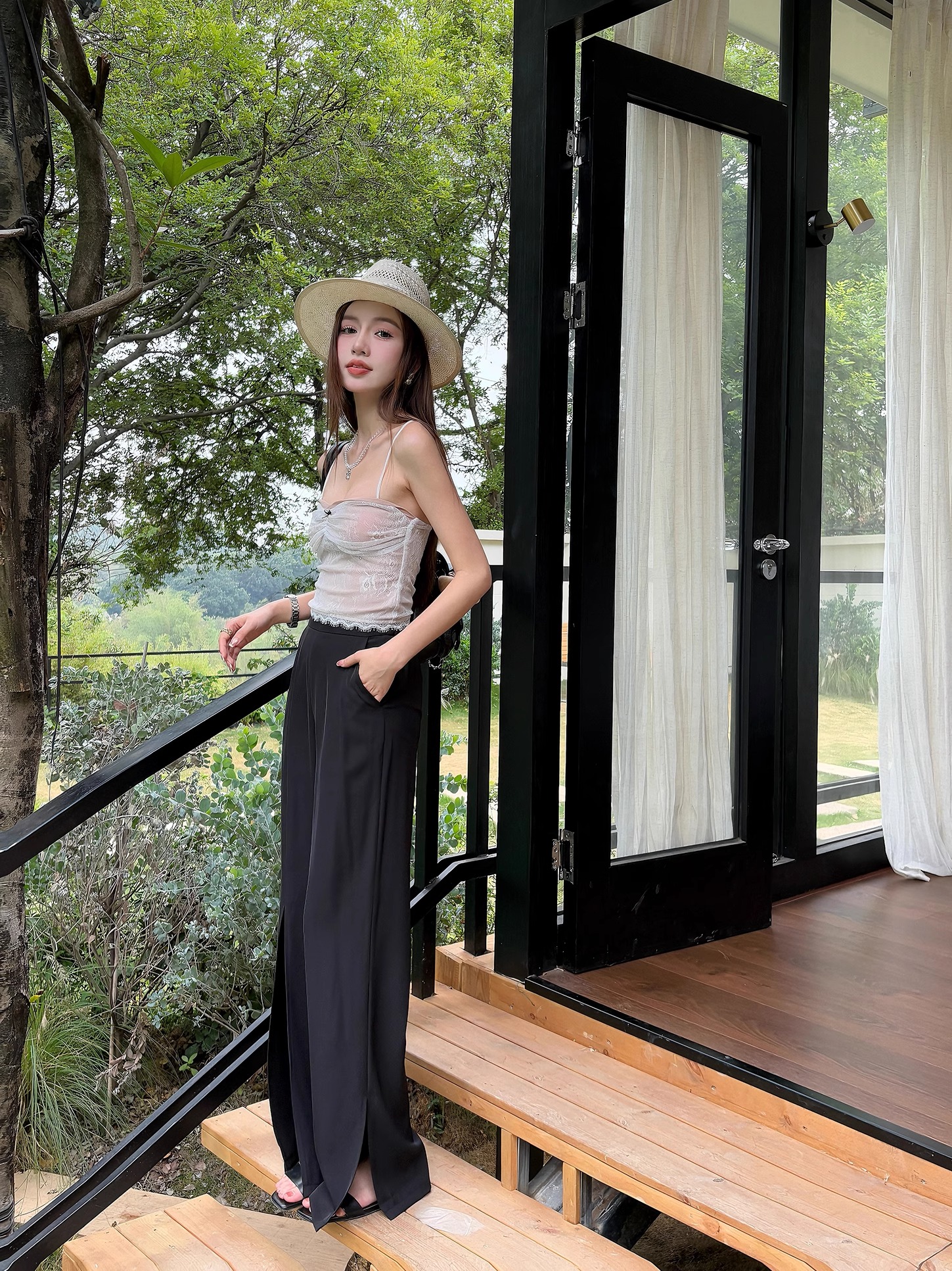 High-Waisted Irregular Side-Slit Wide-Leg Pants for Tall Individuals - Lightweight Draped Floor-Length Style for Spring and Summer High-Waisted Irregular Side-Slit Wide-Leg Pants for Tall Individuals - Lightweight Draped Floor-Length Style for Spring and Summer