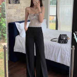 High-Waisted Irregular Side-Slit Wide-Leg Pants for Tall Individuals - Lightweight Draped Floor-Length Style for Spring and Summer