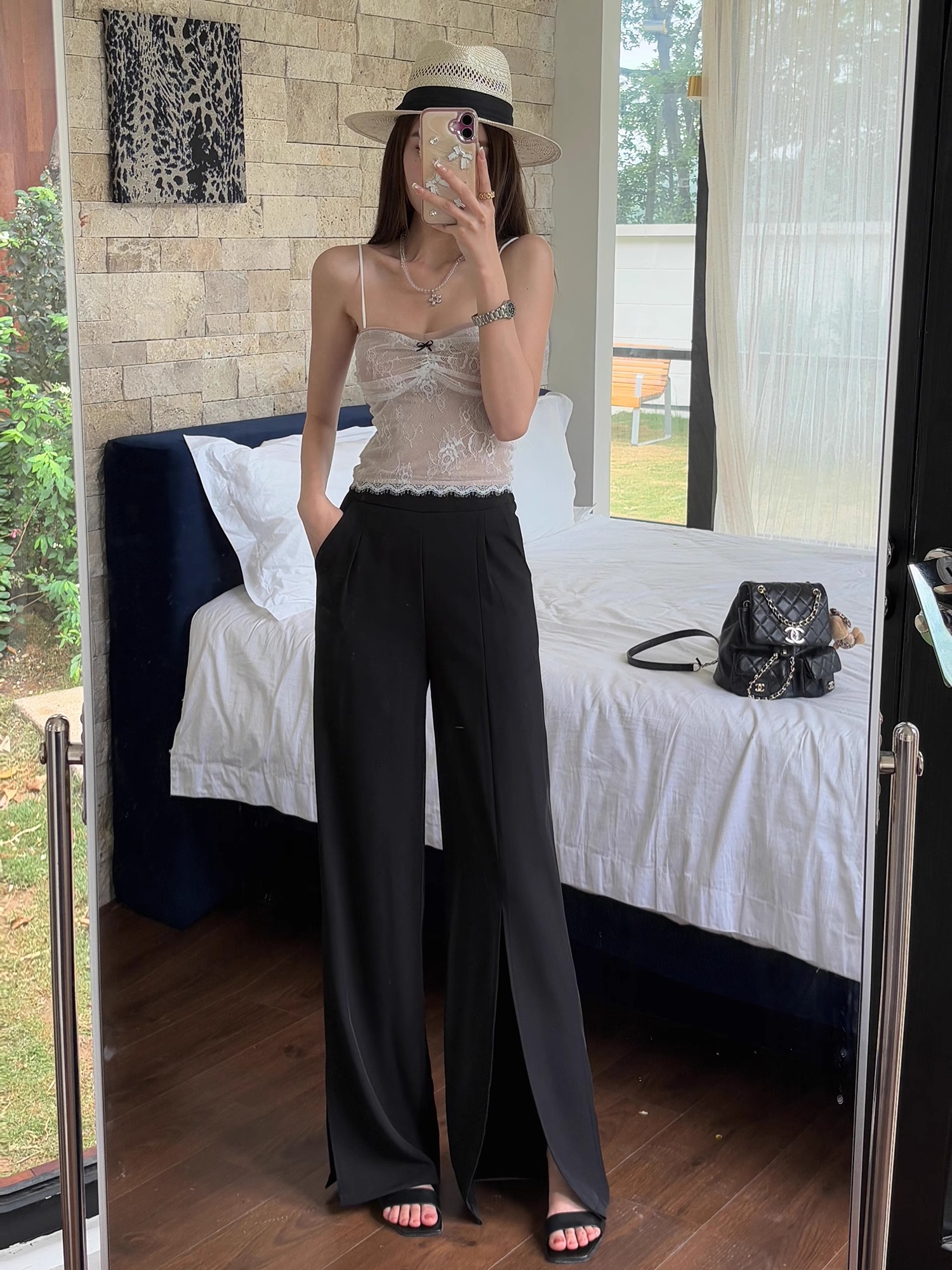 High-Waisted Irregular Side-Slit Wide-Leg Pants for Tall Individuals - Lightweight Draped Floor-Length Style for Spring and Summer High-Waisted Irregular Side-Slit Wide-Leg Pants for Tall Individuals - Lightweight Draped Floor-Length Style for Spring and Summer