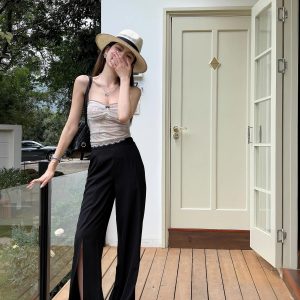 High-Waisted Irregular Side-Slit Wide-Leg Pants for Tall Individuals - Lightweight Draped Floor-Length Style for Spring and Summer