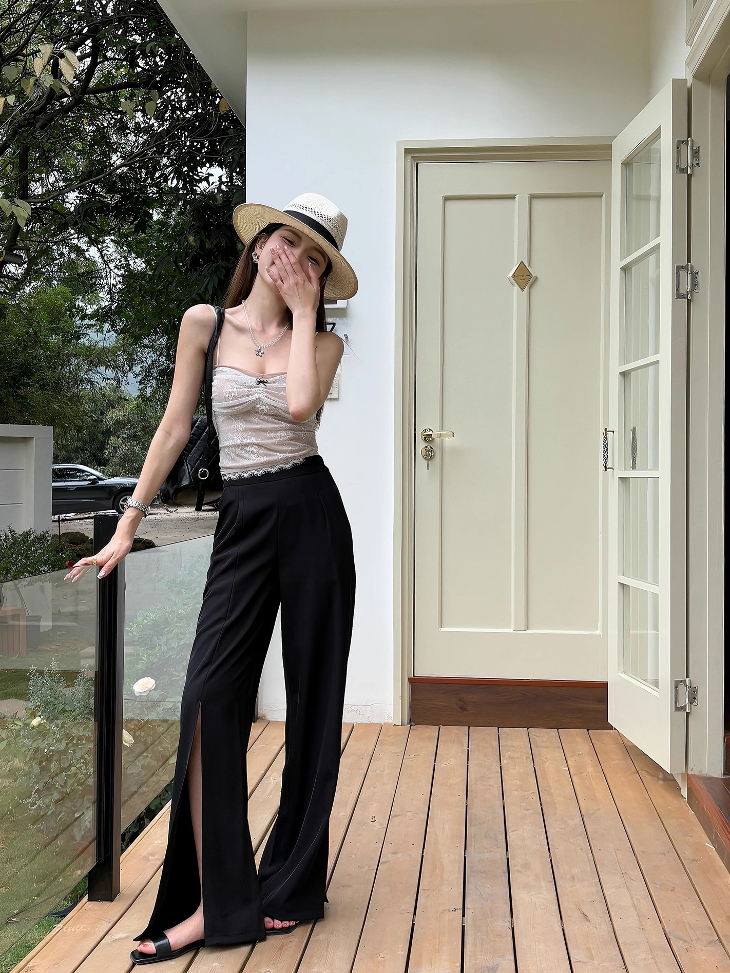High-Waisted Irregular Side-Slit Wide-Leg Pants for Tall Individuals - Lightweight Draped Floor-Length Style for Spring and Summer High-Waisted Irregular Side-Slit Wide-Leg Pants for Tall Individuals - Lightweight Draped Floor-Length Style for Spring and Summer