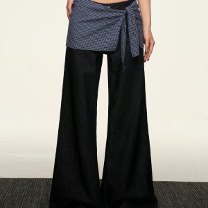 High-Waisted Layered Two-Piece Denim Pants for Women, Slimming Straight-Leg & Versatile Loose Wide-Leg Style, Spring Summer Fashion