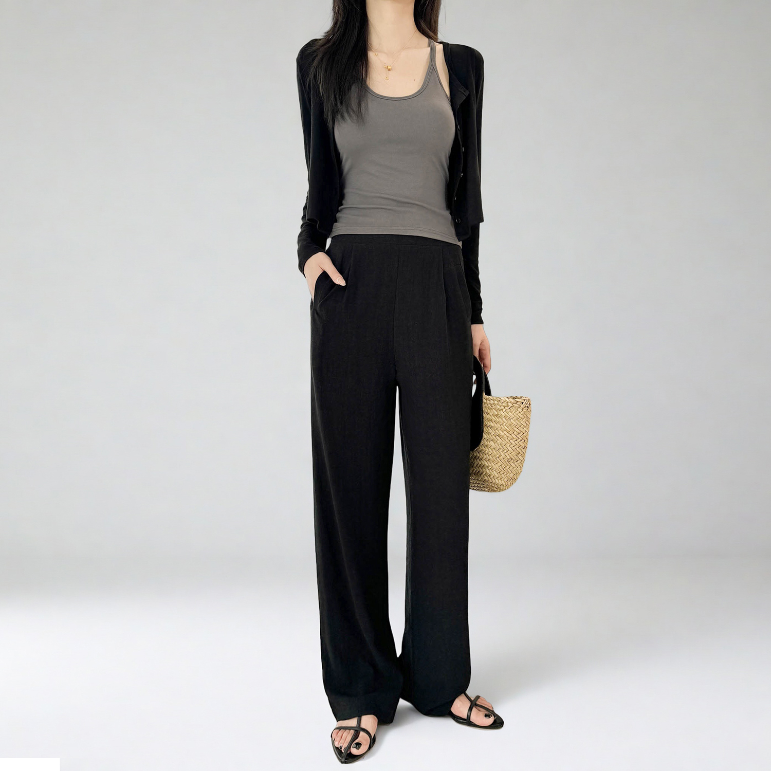 High-Waisted Linen Pants for Women, Narrow-Leg Wide-Leg Casual Trousers with Elastic Back Pockets for Spring and Summer Style