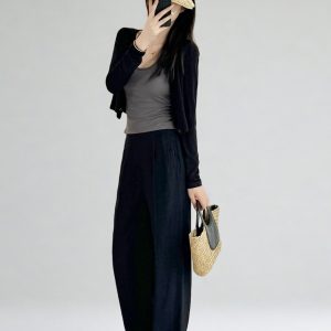 High-Waisted Linen Pants for Women, Narrow-Leg Wide-Leg Casual Trousers with Elastic Back Pockets for Spring and Summer Style