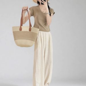 High-Waisted Linen Pants for Women, Narrow-Leg Wide-Leg Casual Trousers with Elastic Back Pockets for Spring and Summer Style