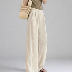 High-Waisted Linen Pants for Women, Narrow-Leg Wide-Leg Casual Trousers with Elastic Back Pockets for Spring and Summer Style