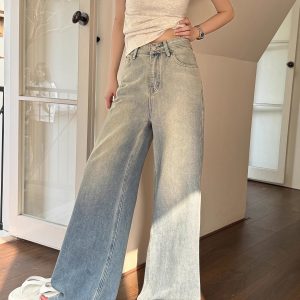 High-Waisted Loose Draped Floor-Length Tencel Slightly Flared Wide-Leg Jeans for Women - Spring Fashion Trend 2023