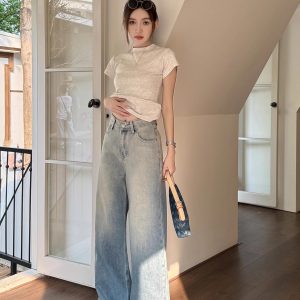 High-Waisted Loose Draped Floor-Length Tencel Slightly Flared Wide-Leg Jeans for Women - Spring Fashion Trend 2023
