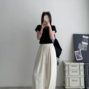 High-Waisted Loose Fit Sun Grapefruit Summer Wide-Leg Pants - Casual Straight-Leg Drape Design for Versatile Styling