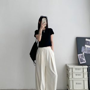 High-Waisted Loose Fit Sun Grapefruit Summer Wide-Leg Pants - Casual Straight-Leg Drape Design for Versatile Styling