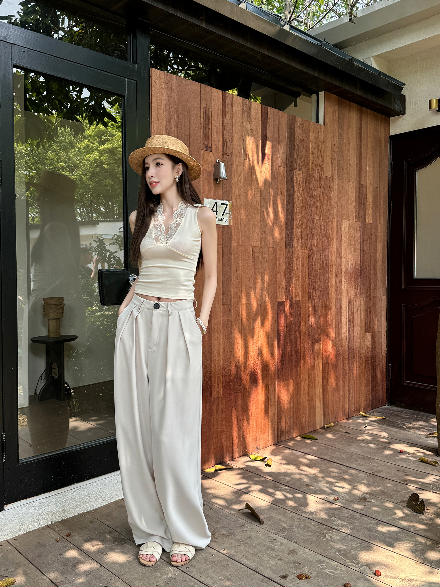 High-Waisted Loose Off-White Wide-Leg Pants for Women - Spring/Summer Floor-Length Draped Trousers in Light Fabric High-Waisted Loose Off-White Wide-Leg Pants for Women - Spring/Summer Floor-Length Draped Trousers in Light Fabric