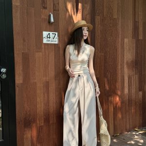 High-Waisted Loose Off-White Wide-Leg Pants for Women - Spring/Summer Floor-Length Draped Trousers in Light Fabric