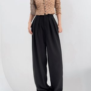 High-Waisted Loose Off-White Wide-Leg Pants for Women - Spring/Summer Floor-Length Draped Trousers in Light Fabric