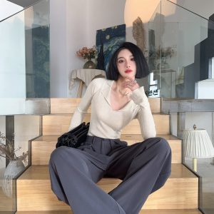 High-Waisted Loose Off-White Wide-Leg Pants for Women - Spring/Summer Floor-Length Draped Trousers in Light Fabric