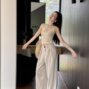 High-Waisted Loose Off-White Wide-Leg Pants for Women - Spring/Summer Floor-Length Draped Trousers in Light Fabric