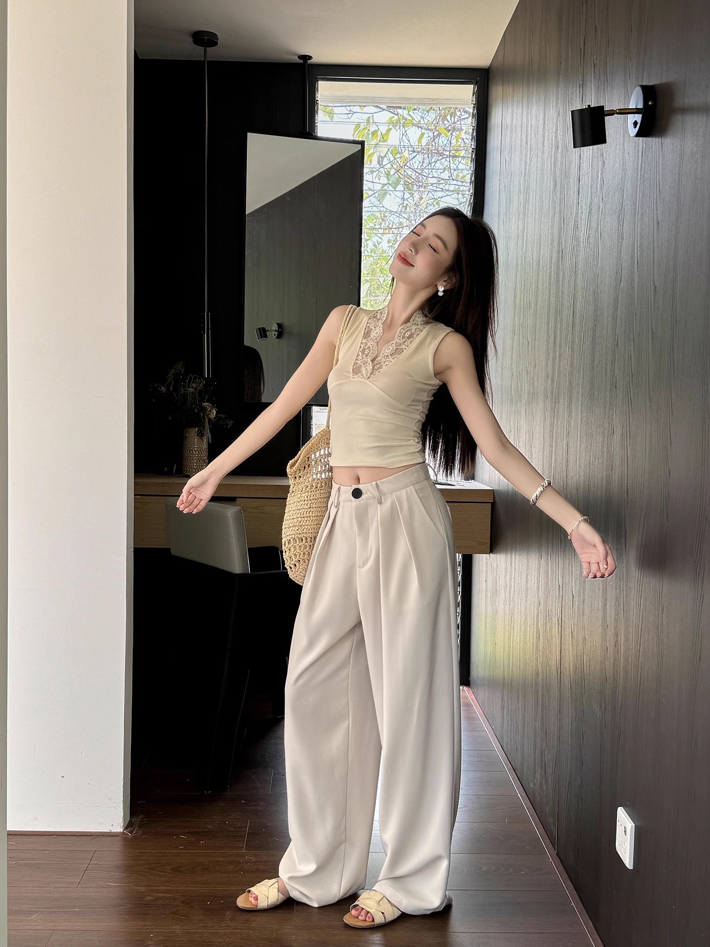 High-Waisted Loose Off-White Wide-Leg Pants for Women - Spring/Summer Floor-Length Draped Trousers in Light Fabric High-Waisted Loose Off-White Wide-Leg Pants for Women - Spring/Summer Floor-Length Draped Trousers in Light Fabric