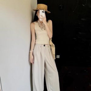 High-Waisted Loose Off-White Wide-Leg Pants for Women - Spring/Summer Floor-Length Draped Trousers in Light Fabric