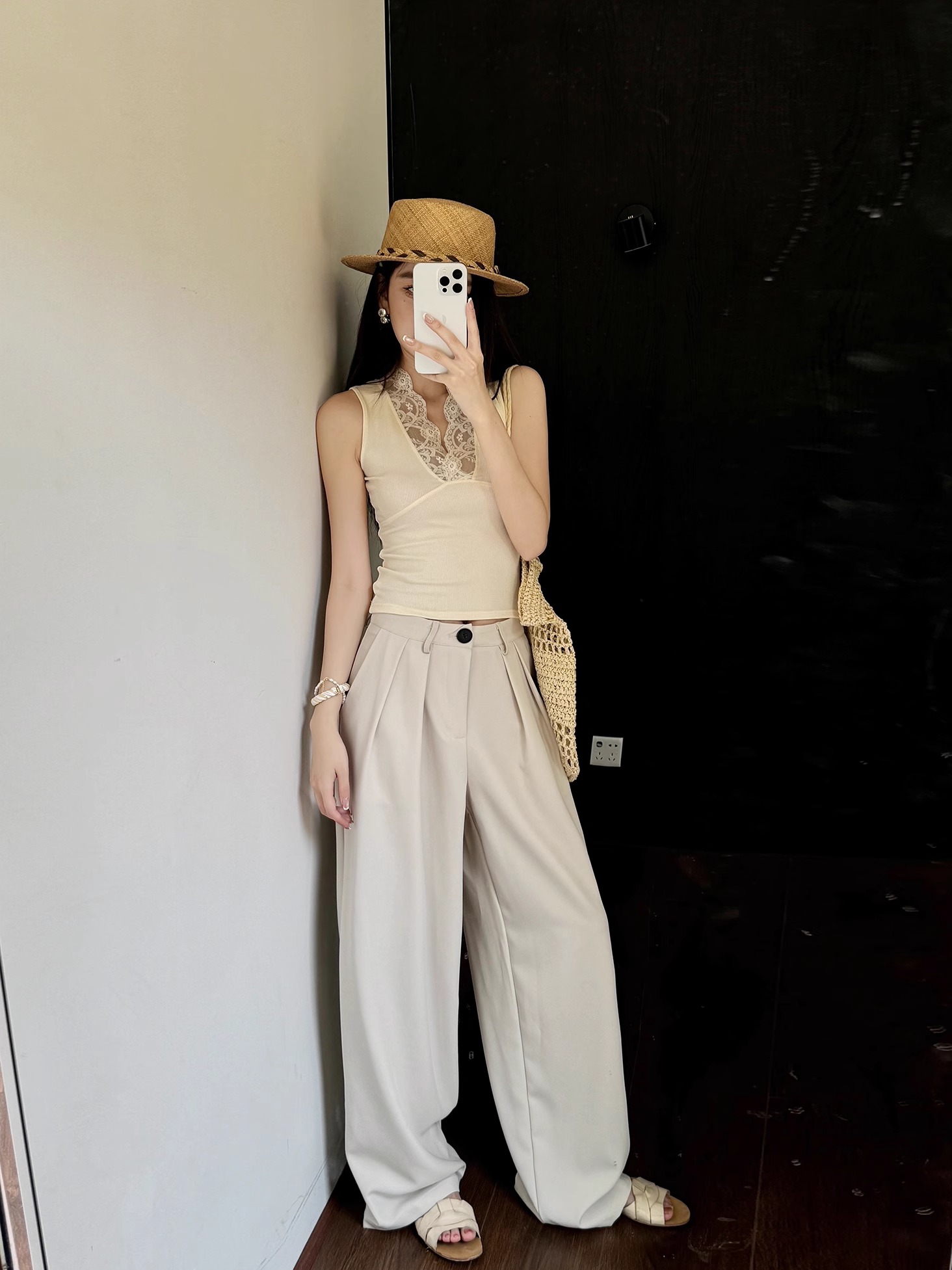 High-Waisted Loose Off-White Wide-Leg Pants for Women - Spring/Summer Floor-Length Draped Trousers in Light Fabric High-Waisted Loose Off-White Wide-Leg Pants for Women - Spring/Summer Floor-Length Draped Trousers in Light Fabric