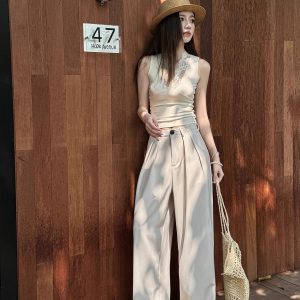 High-Waisted Loose Off-White Wide-Leg Pants for Women - Spring/Summer Floor-Length Draped Trousers in Light Fabric