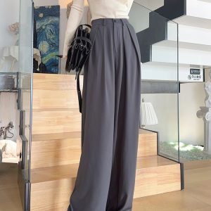 High-Waisted Loose Off-White Wide-Leg Pants for Women - Spring/Summer Floor-Length Draped Trousers in Light Fabric
