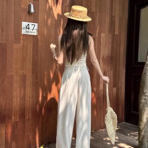 High-Waisted Loose Off-White Wide-Leg Pants for Women - Spring/Summer Floor-Length Draped Trousers in Light Fabric